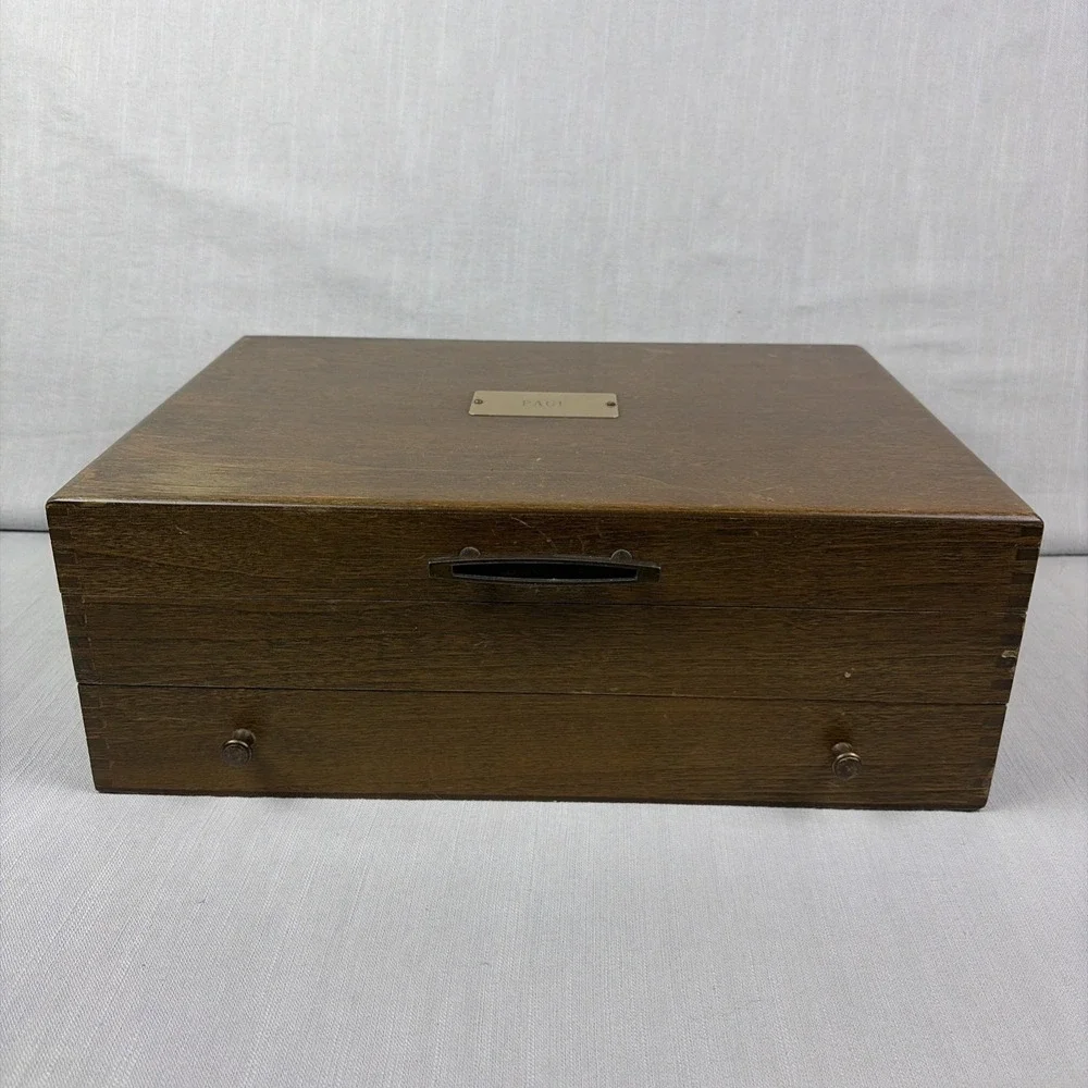 Vintage Wooden Flatware Silverware Storage Chest Box Red Lined Drawer